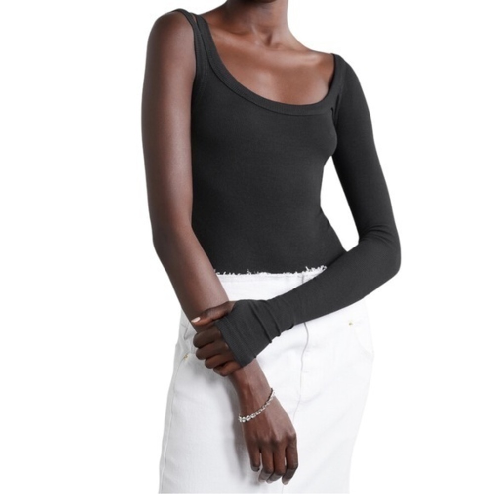 NEW Alix NYC Luna One Sleeve Ribbed Stretch Modal Jersey Thong Bodysuit in Black